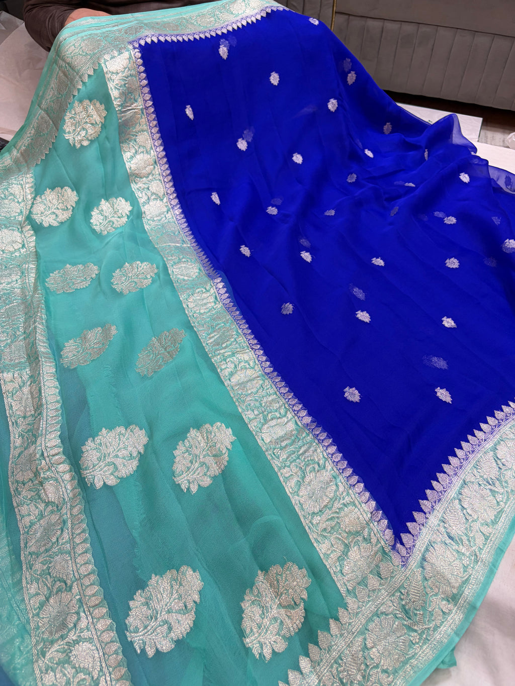 Pure khaddi chiffon saree in Royal blue and sea green colour