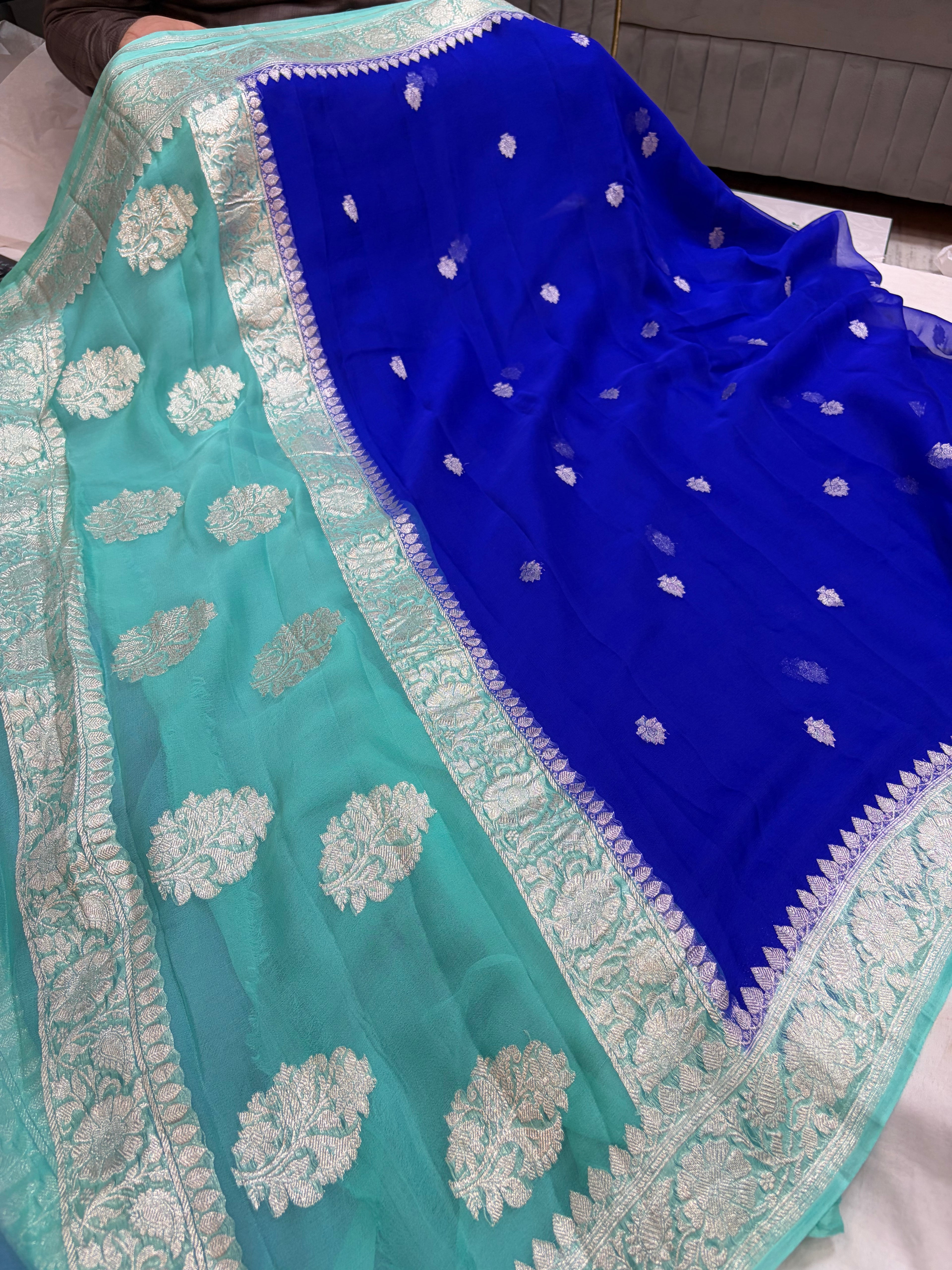 Pure khaddi chiffon saree in Royal blue and sea green colour