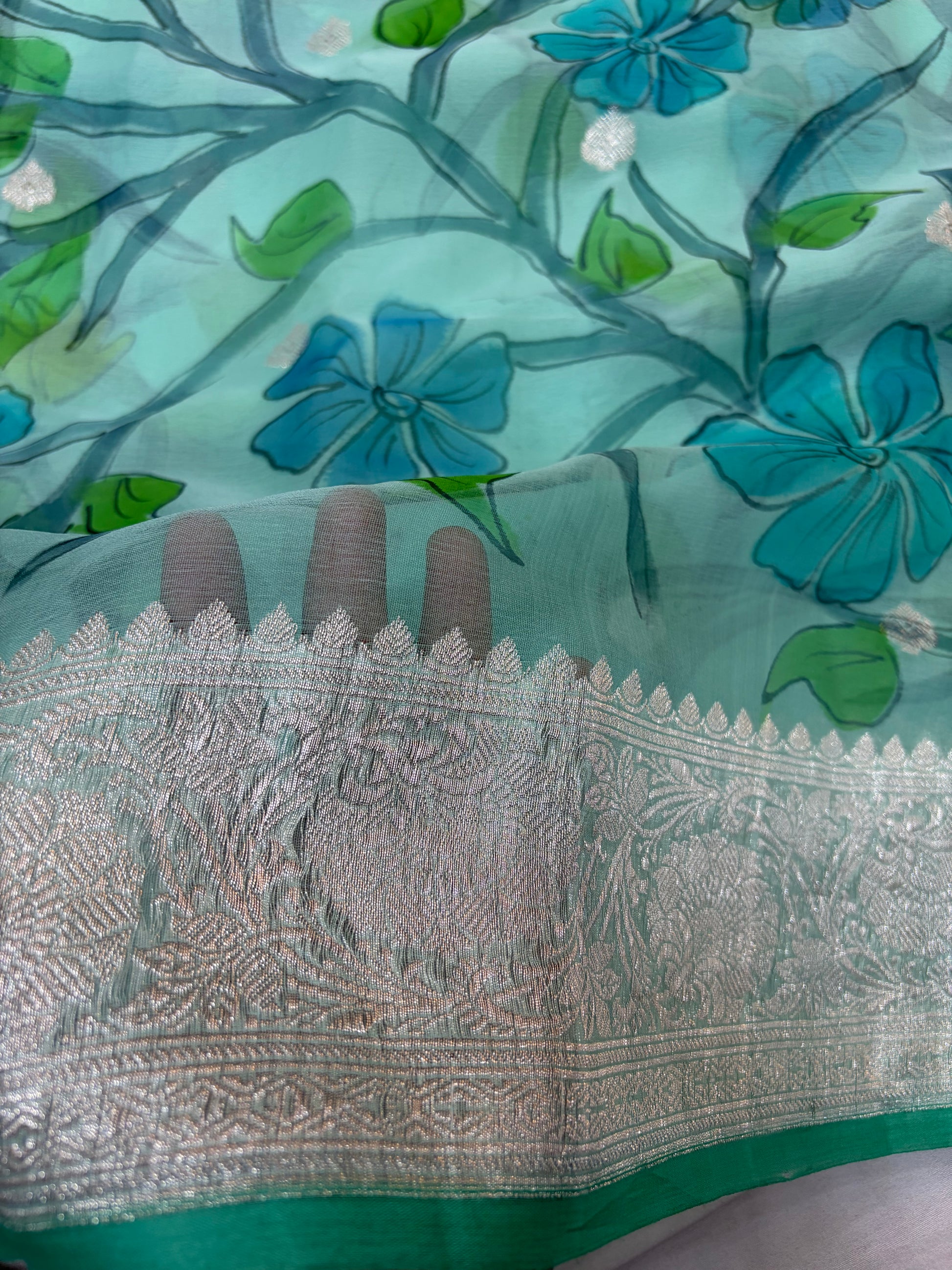 Cgreen hand painting pure Khaddi Chiffon Banarasi Zari Border Saree