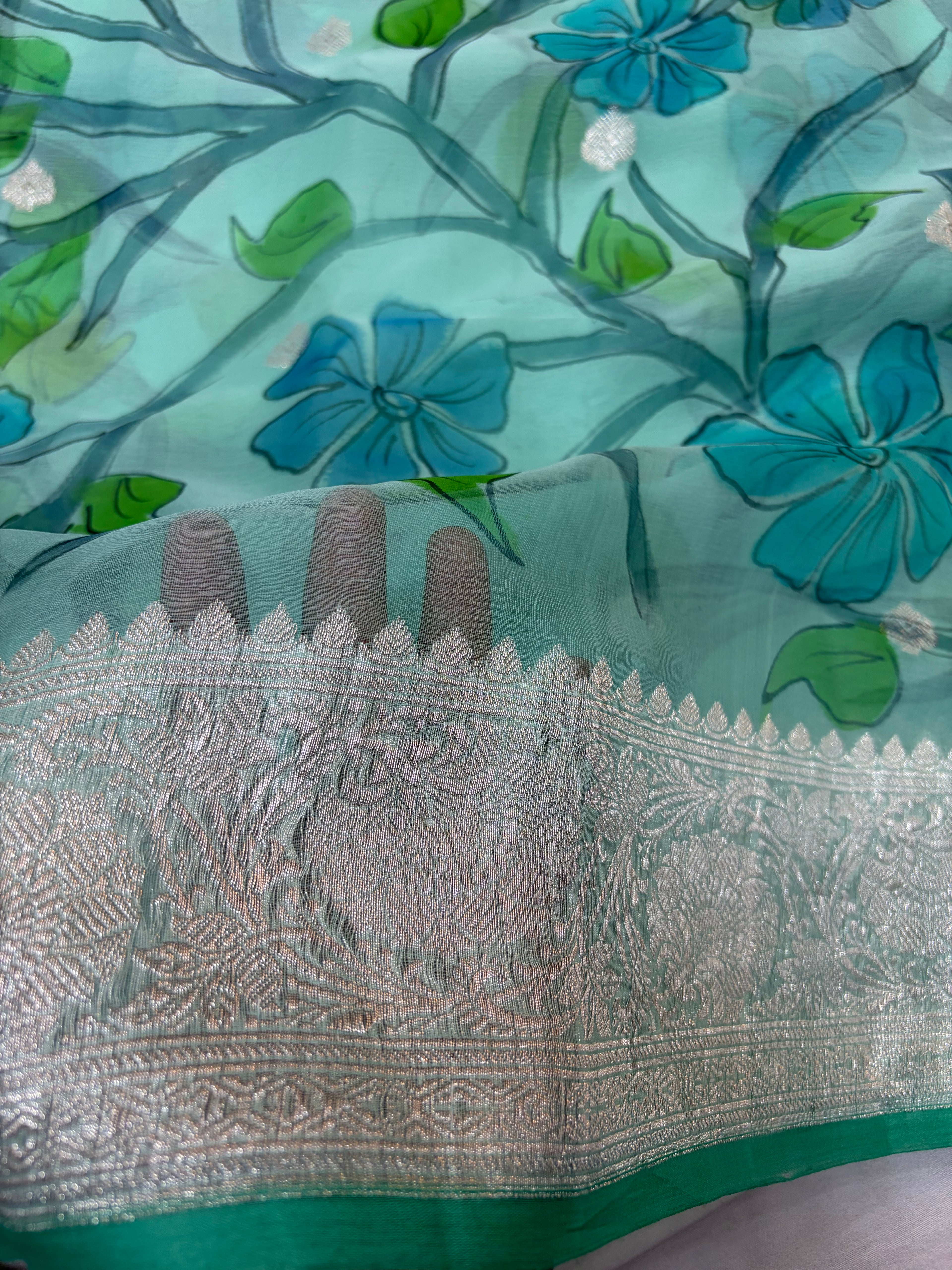 Cgreen hand painting pure Khaddi Chiffon Banarasi Zari Border Saree