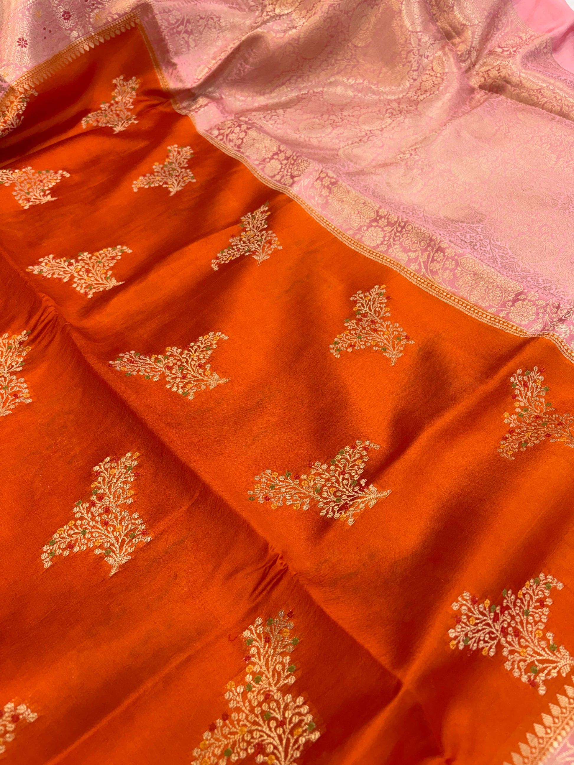 Pure raw mango saree in orange with peach colour combination