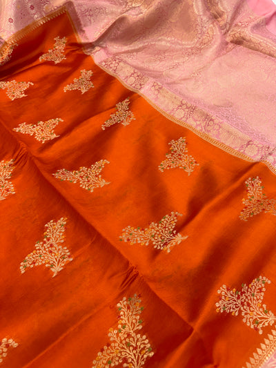Pure raw mango saree in orange with peach colour combination