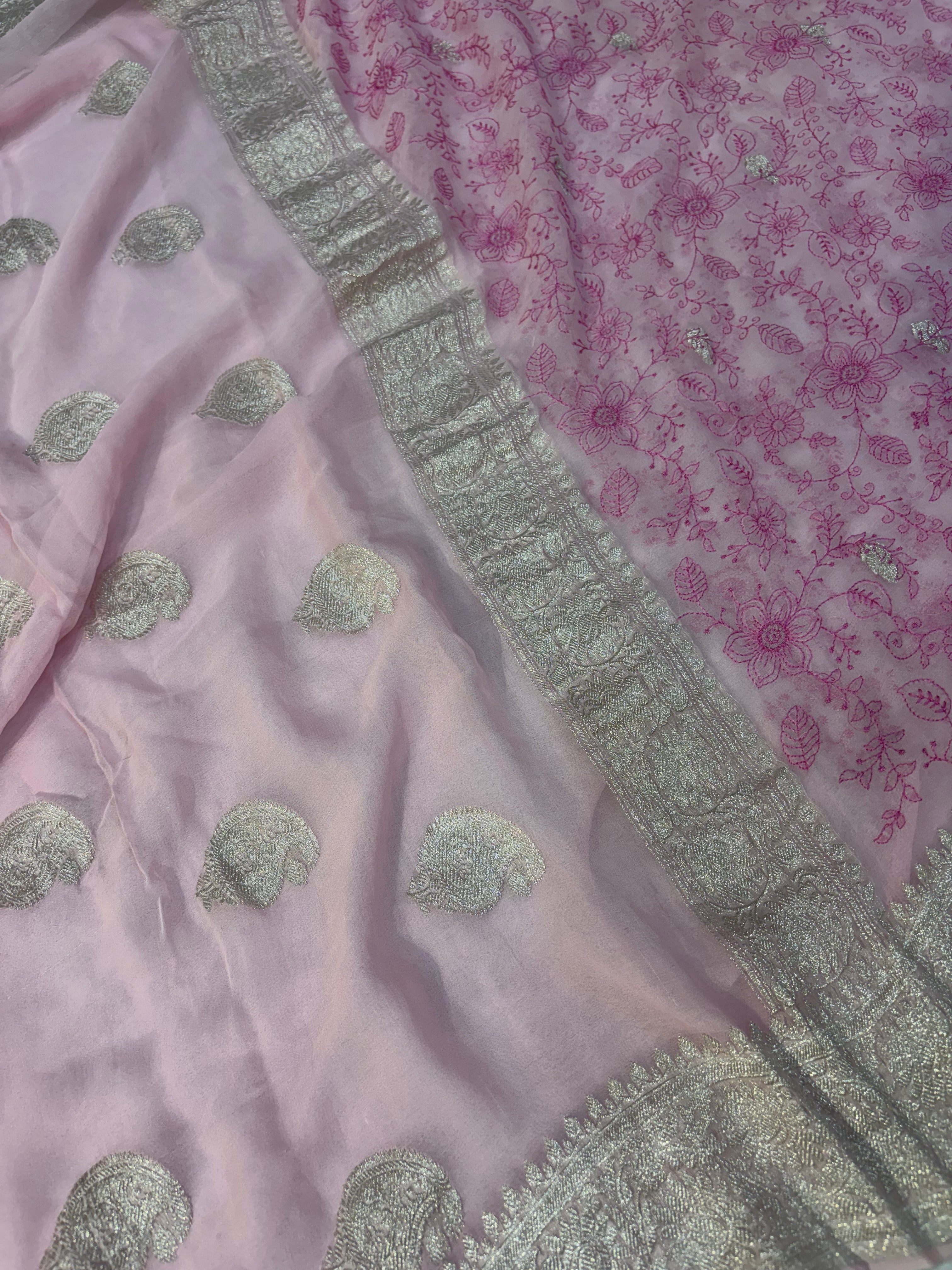 Pure khaddi chiffon saree in baby pink colour with all over chickenkari work