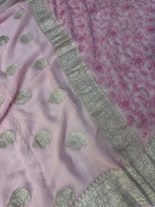 Pure khaddi chiffon saree in baby pink colour with all over chickenkari work