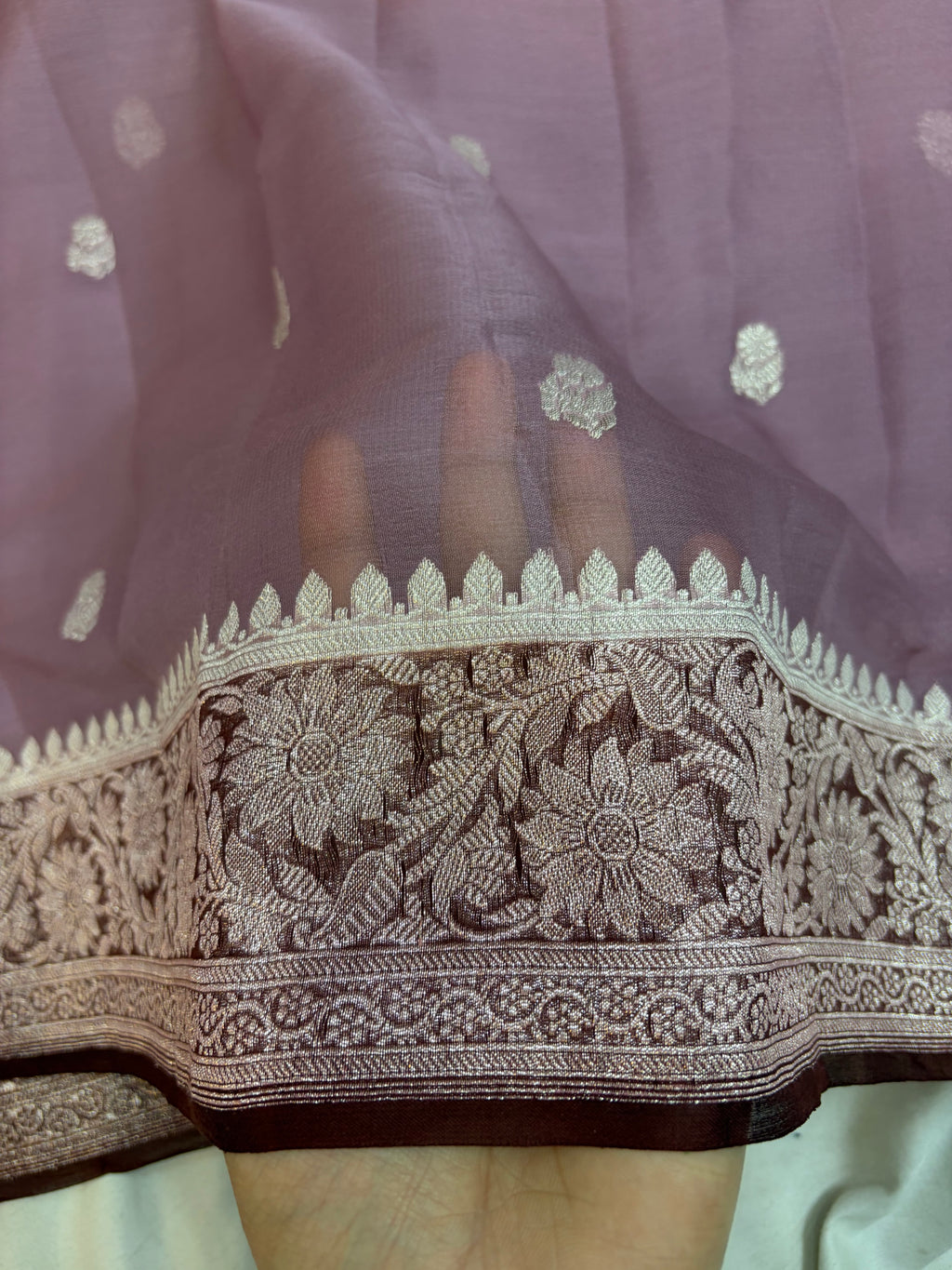 Pure khaddi chiffon saree in dark tea rose with chocolate brown colour