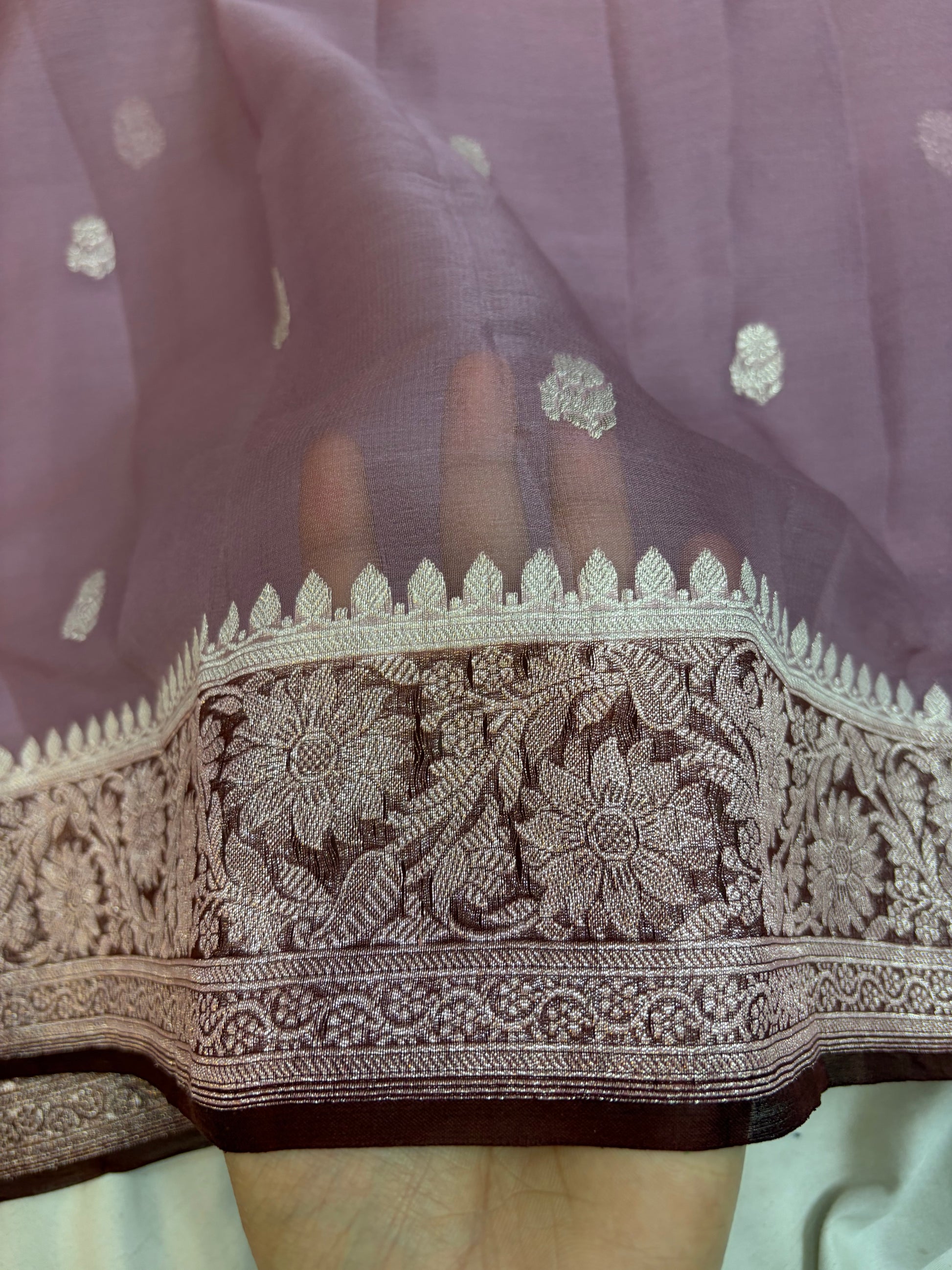 Pure khaddi chiffon saree in dark tea rose with chocolate brown colour