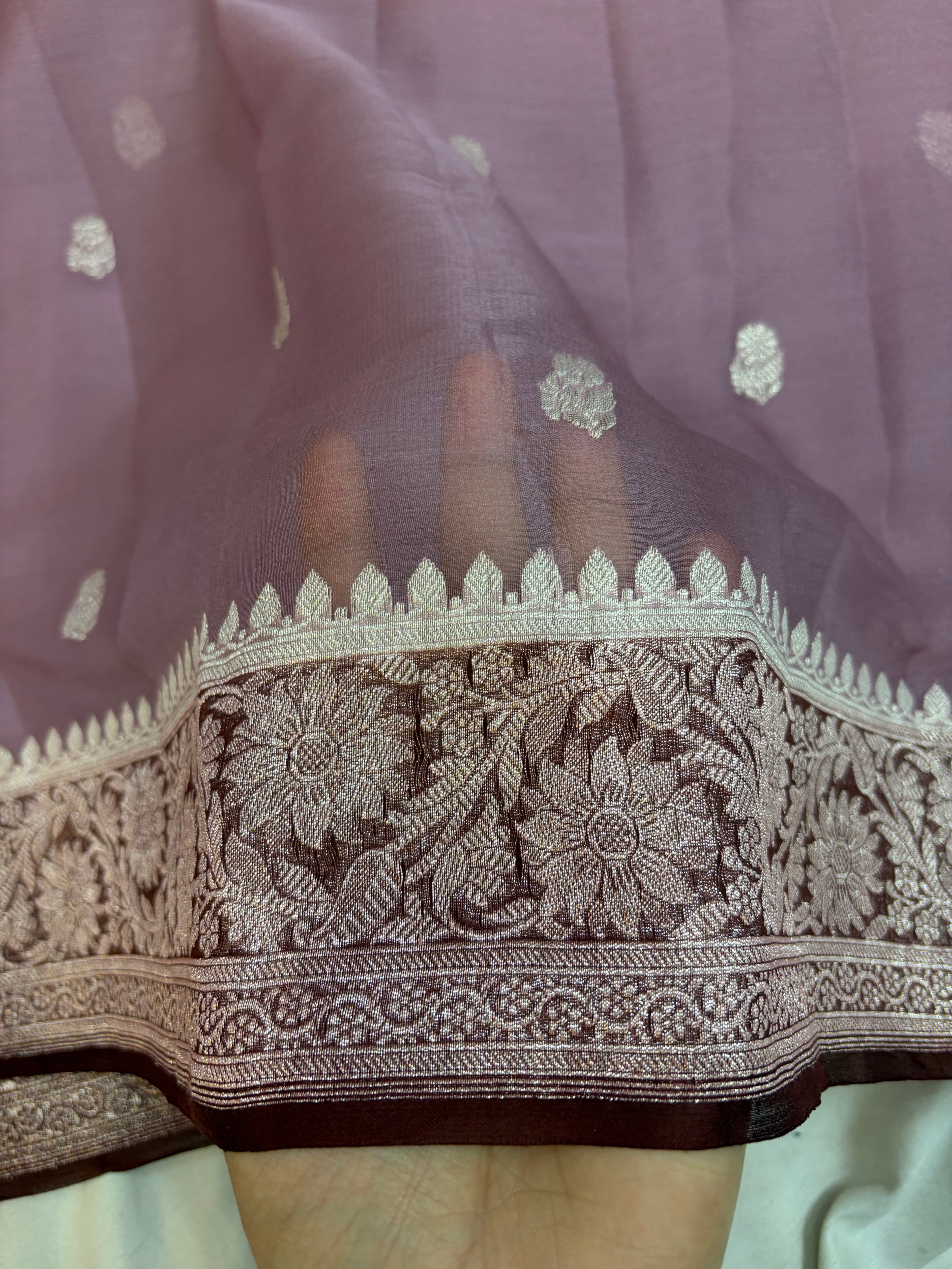 Pure khaddi chiffon saree in dark tea rose with chocolate brown colour