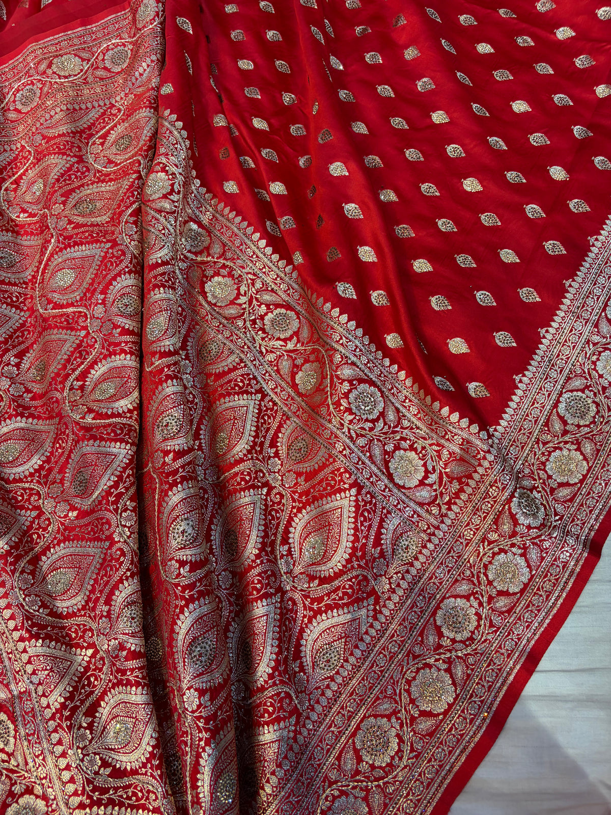 Bridal Banarasi satin Katan silk sarees in blood red colour with all over Swarovski work