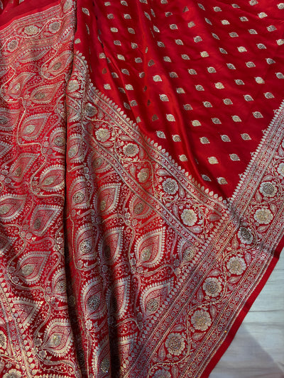 Bridal Banarasi satin Katan silk sarees in blood red colour with all over Swarovski work