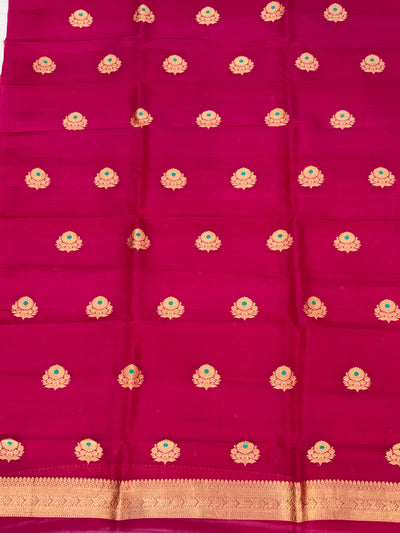 Pure Handloom Kora silk suit set in light Rani colour with meenakari work