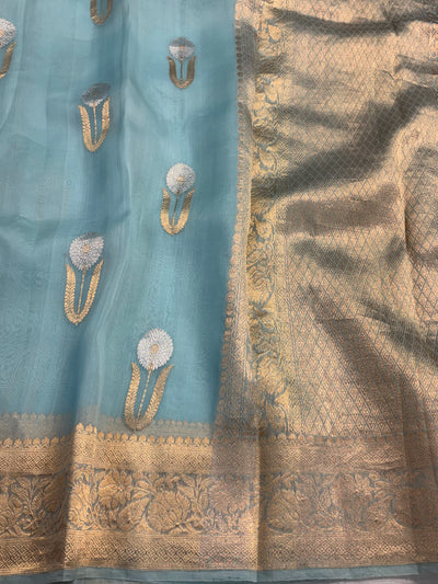 Pure handloom Kora silk saree in sea green colour