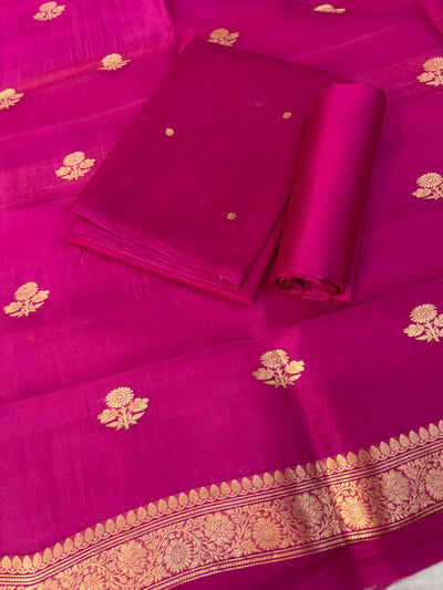 Pure Handloom Kora silk suit set in Rani pink colour