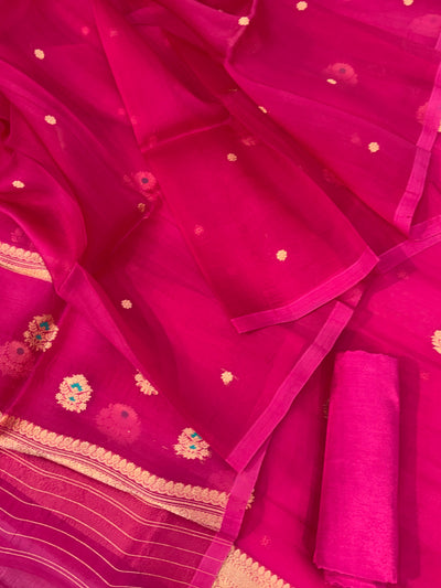 Pure Handloom Kora silk suit set in light Rani colour with meenakari work