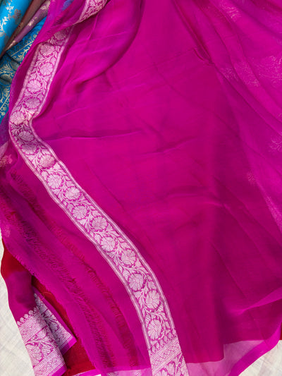 Pure khaddi chiffon saree in red with Rani colour combination