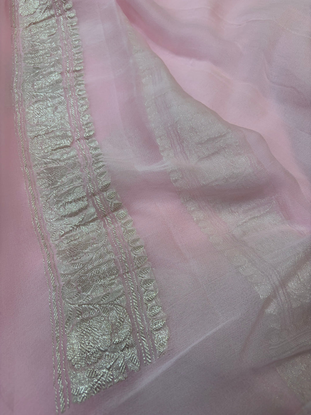 Baby pink pure Khaddi Chiffio Banarasi Zari Border Saree