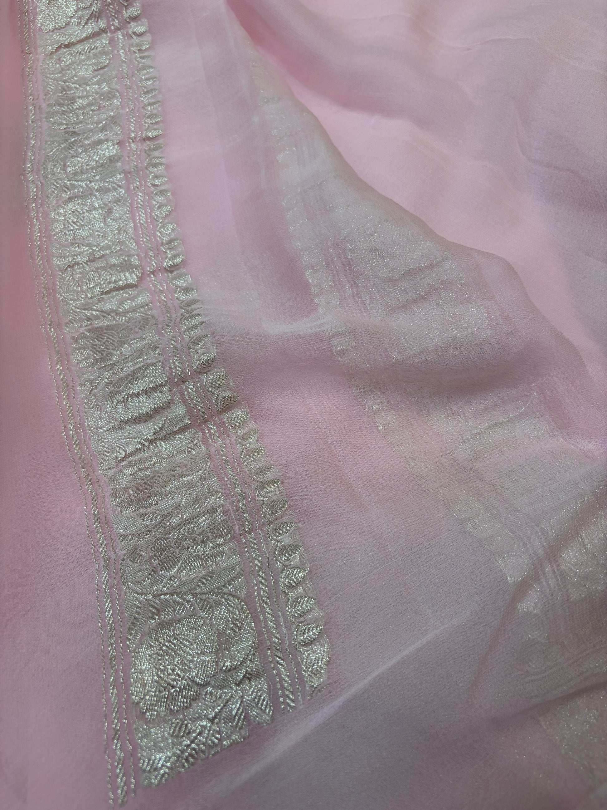 Baby pink pure Khaddi Chiffio Banarasi Zari Border Saree