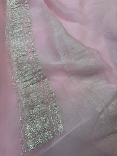 Baby pink pure Khaddi Chiffio Banarasi Zari Border Saree