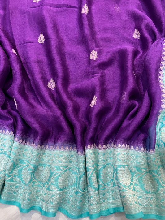 Pure khaddi chiffon saree in purple with ocean blue colour combination