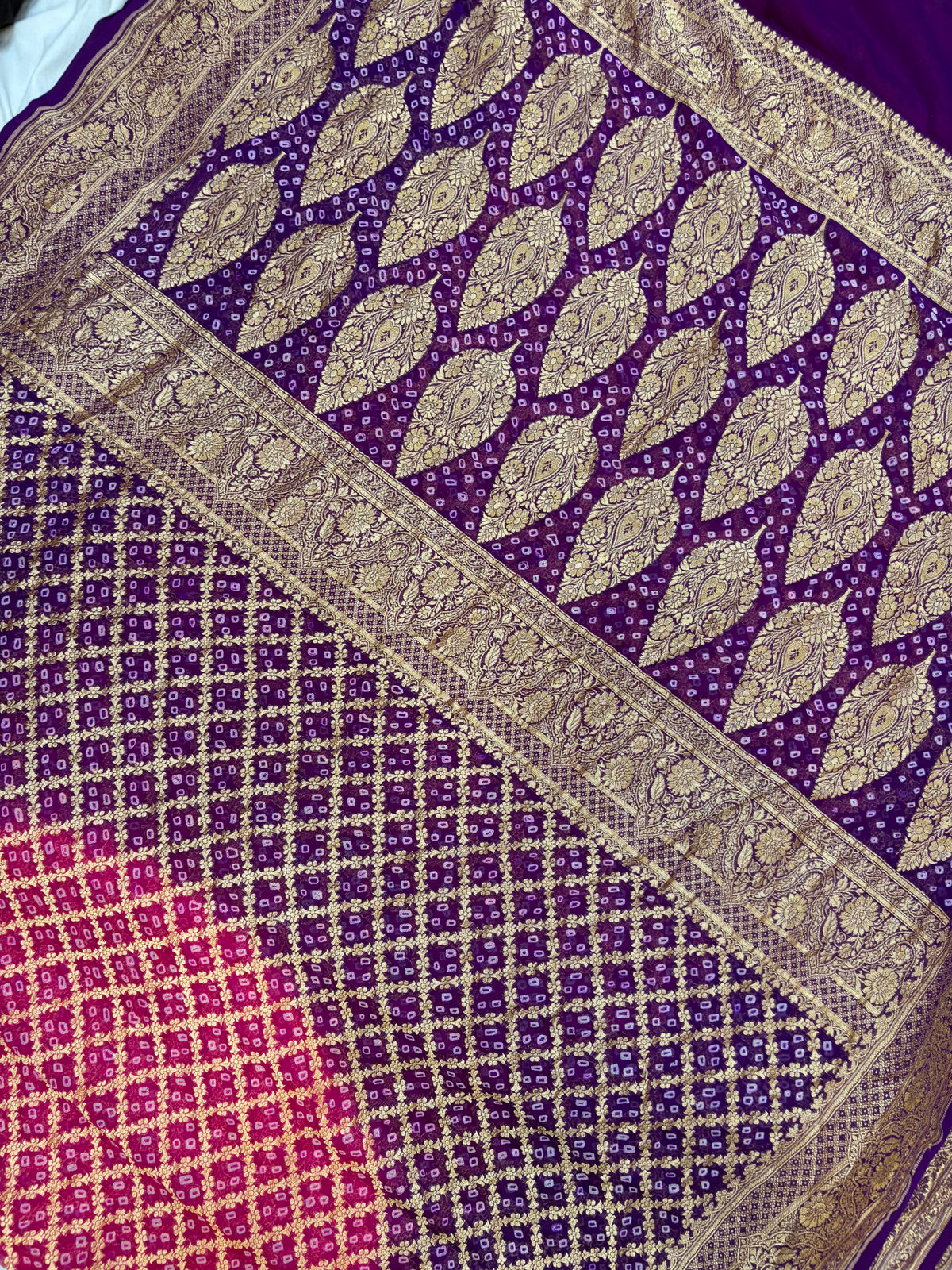 Pure Georgette Bandhani Zari Banarasi Border Saree