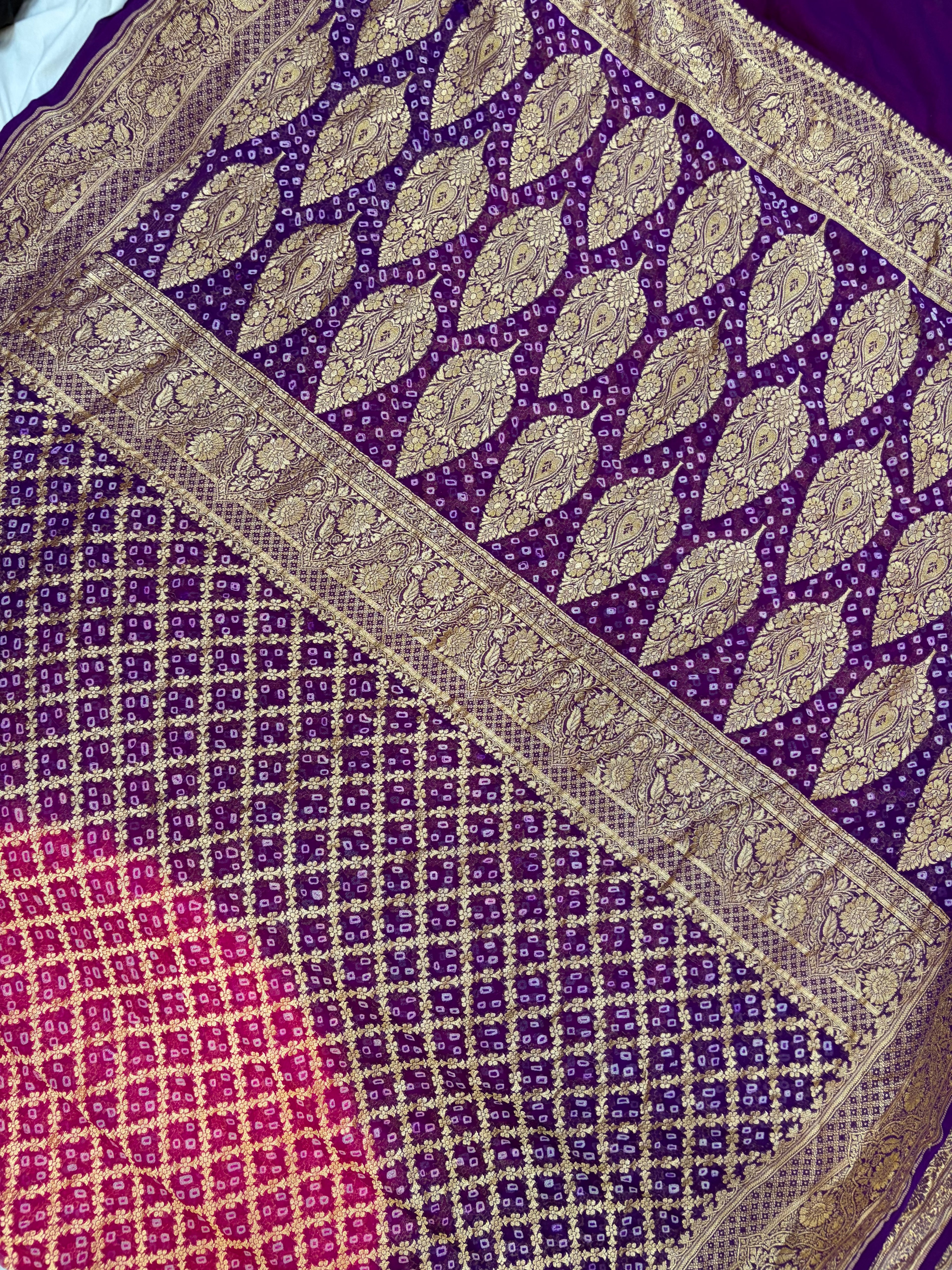 Pure Georgette Bandhani Zari Banarasi Border Saree
