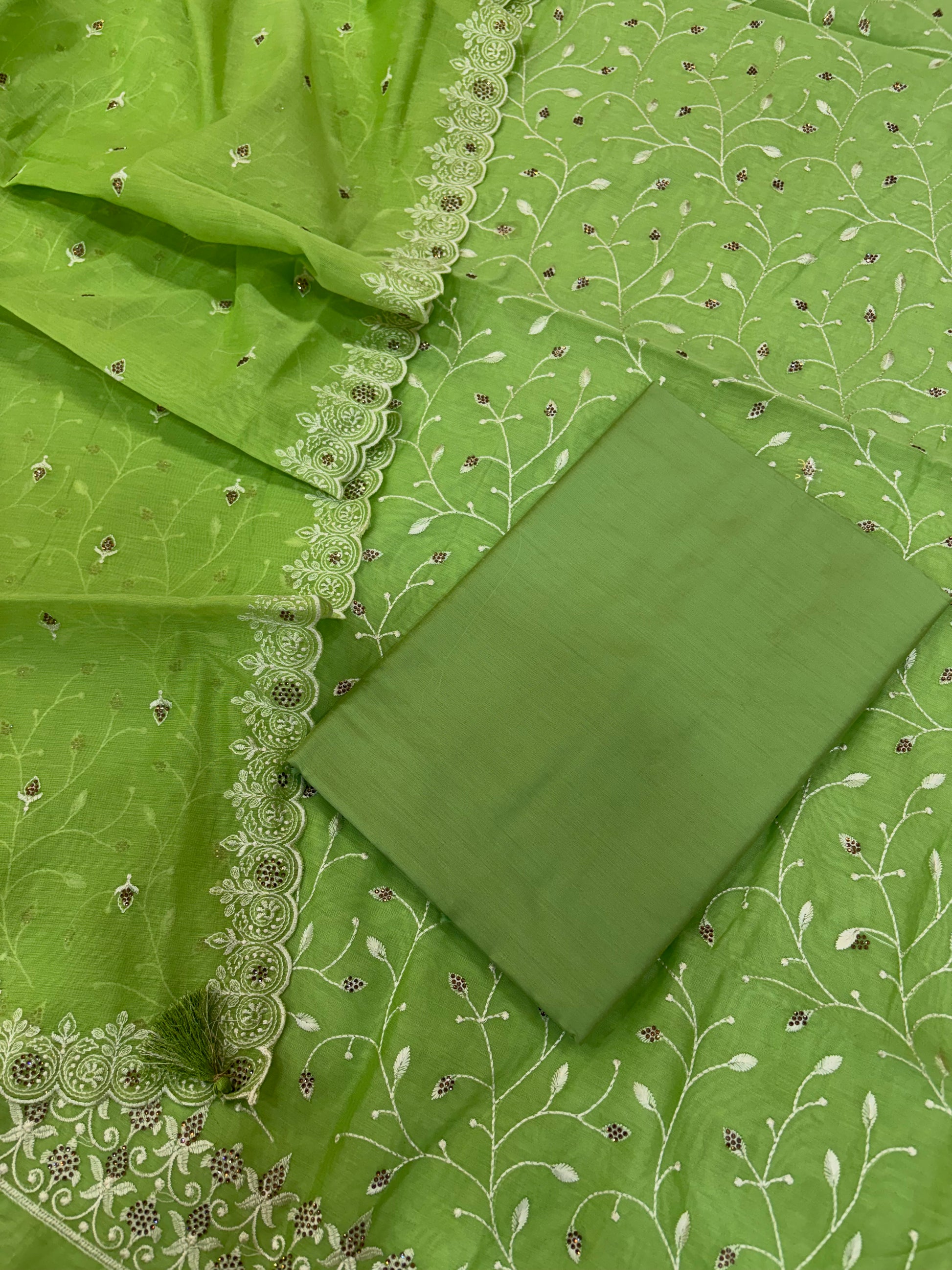 Banarasi pista green soft silk suit with all over embroidery work
