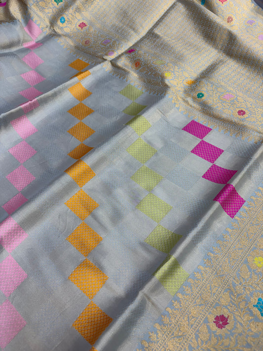 Pure katan tissue silk saree in powder blue colour with multiple meenakari work