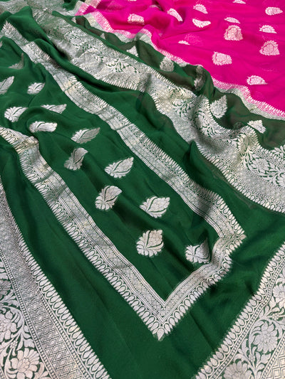 Pure georgette silk saree in temple design in a beautiful combination of Rani with bottle green colour