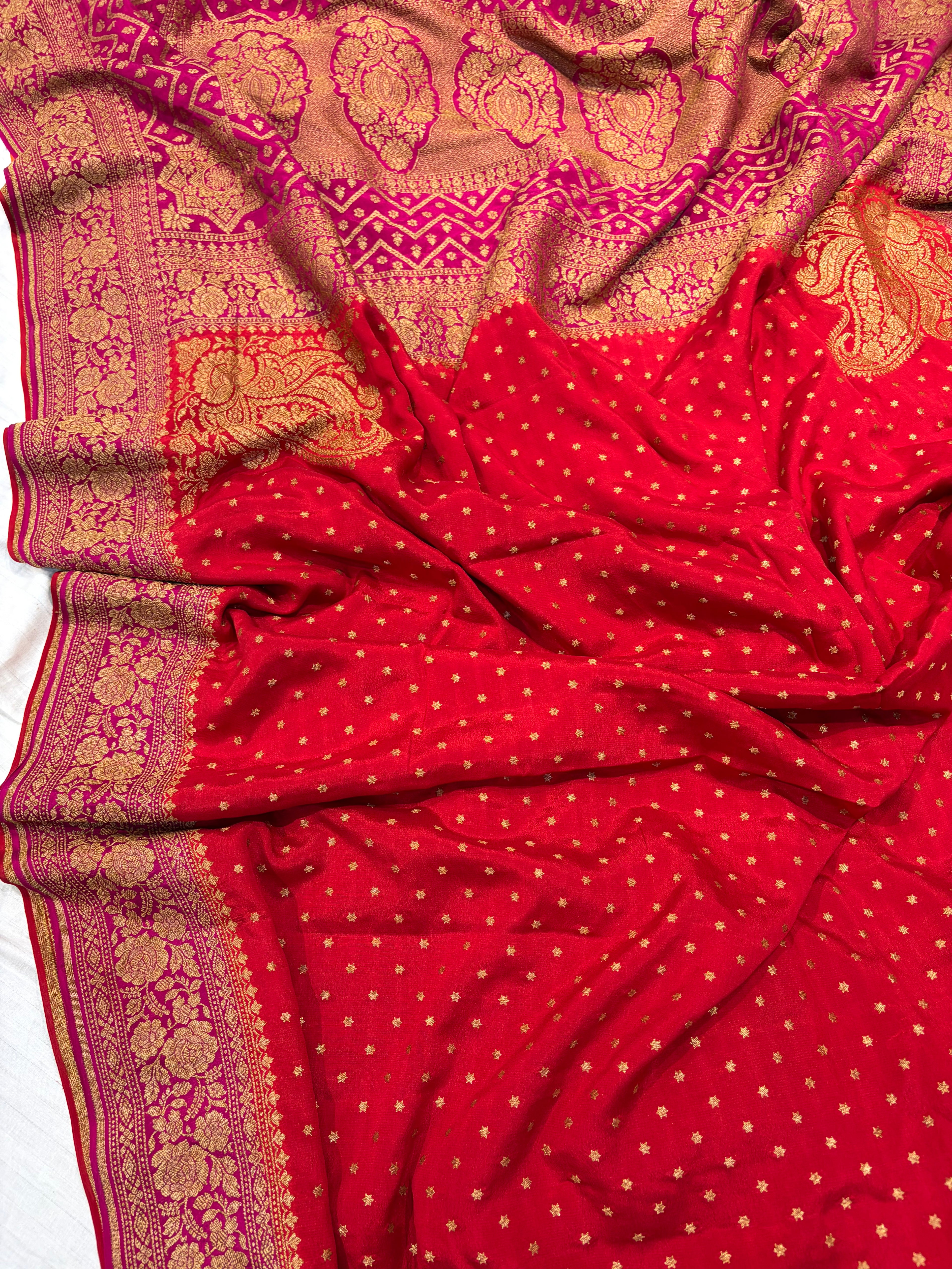 Pure khaddi crepe silk saree in blood red with rani pink colour