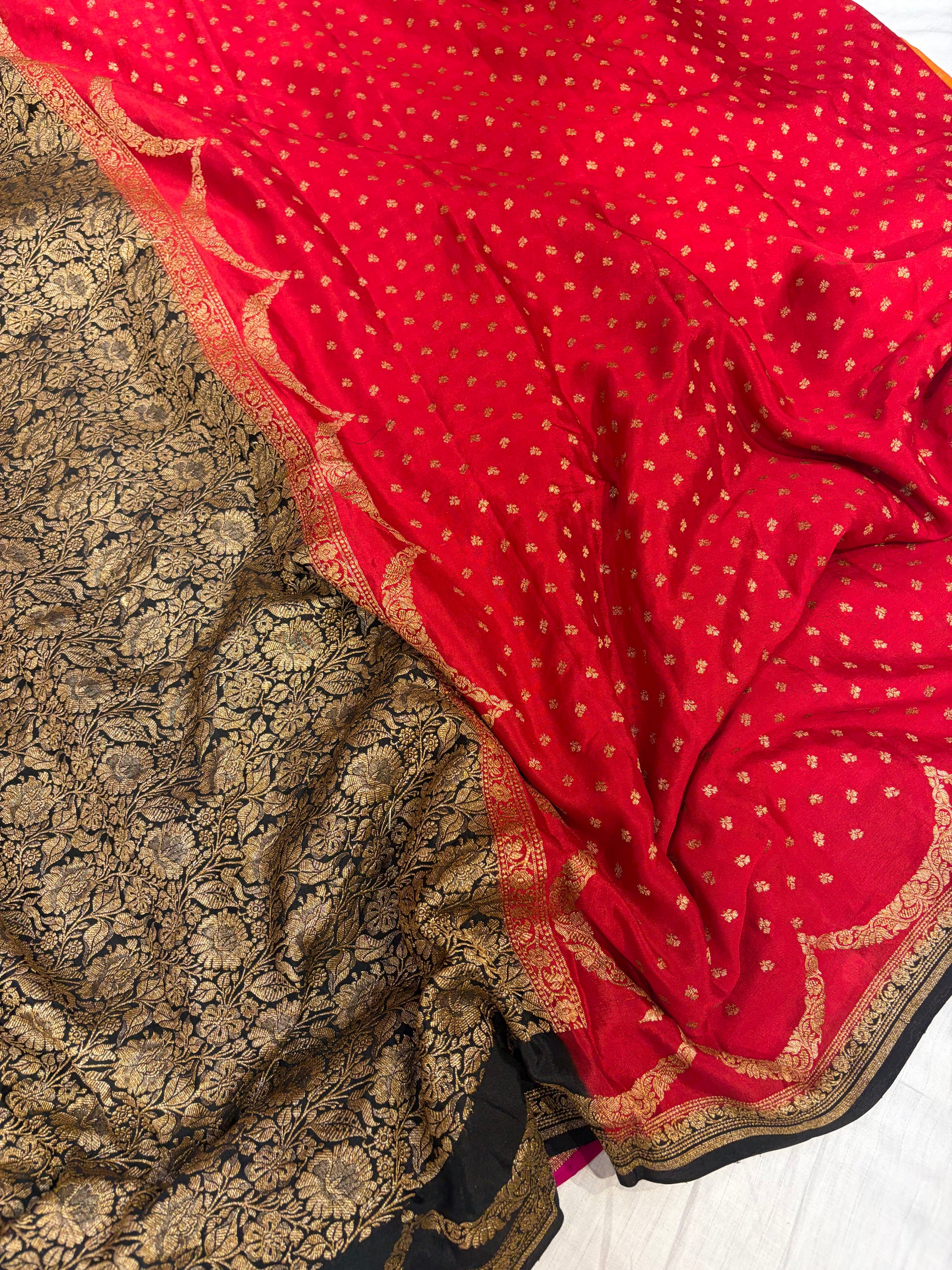 Pure khaddi crepe silk saree in red with black colour combination
