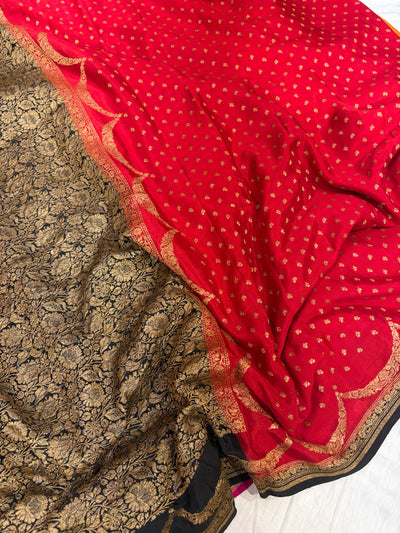 Pure khaddi crepe silk saree in red with black colour combination