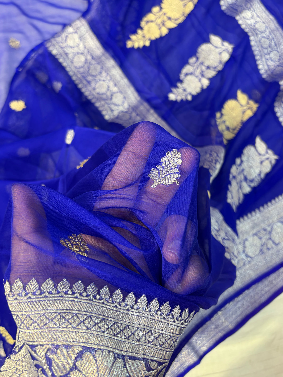 Pure handwoven khaddi chiffon saree royal blue colour
