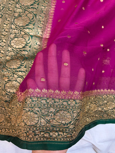 Pure georgette silk saree in Dark magenta with bottle green