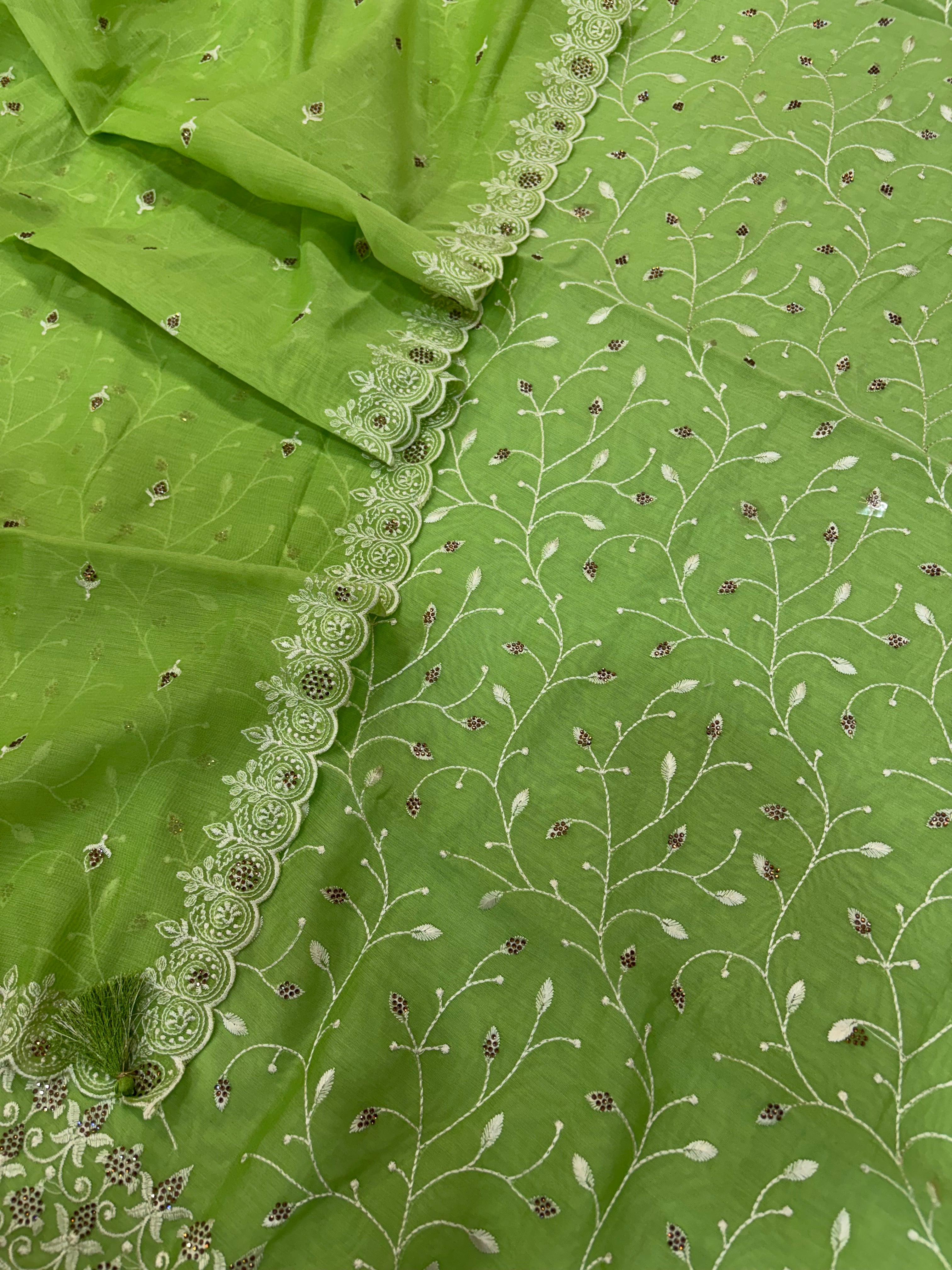 Banarasi pista green soft silk suit with all over embroidery work