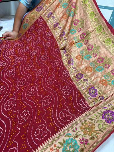 Pure Tilfi Georgette Bandhani sarees in red colour