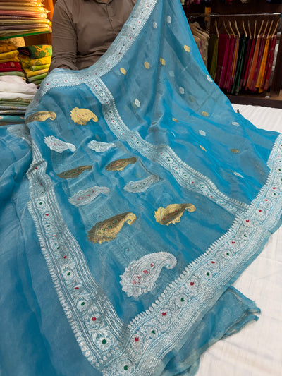 PURE KHADDI TISSUE SILK SAREE IN OCEAN BLUE COLOUR