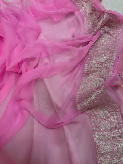 Pure khaddi chiffon saree in Pink colour