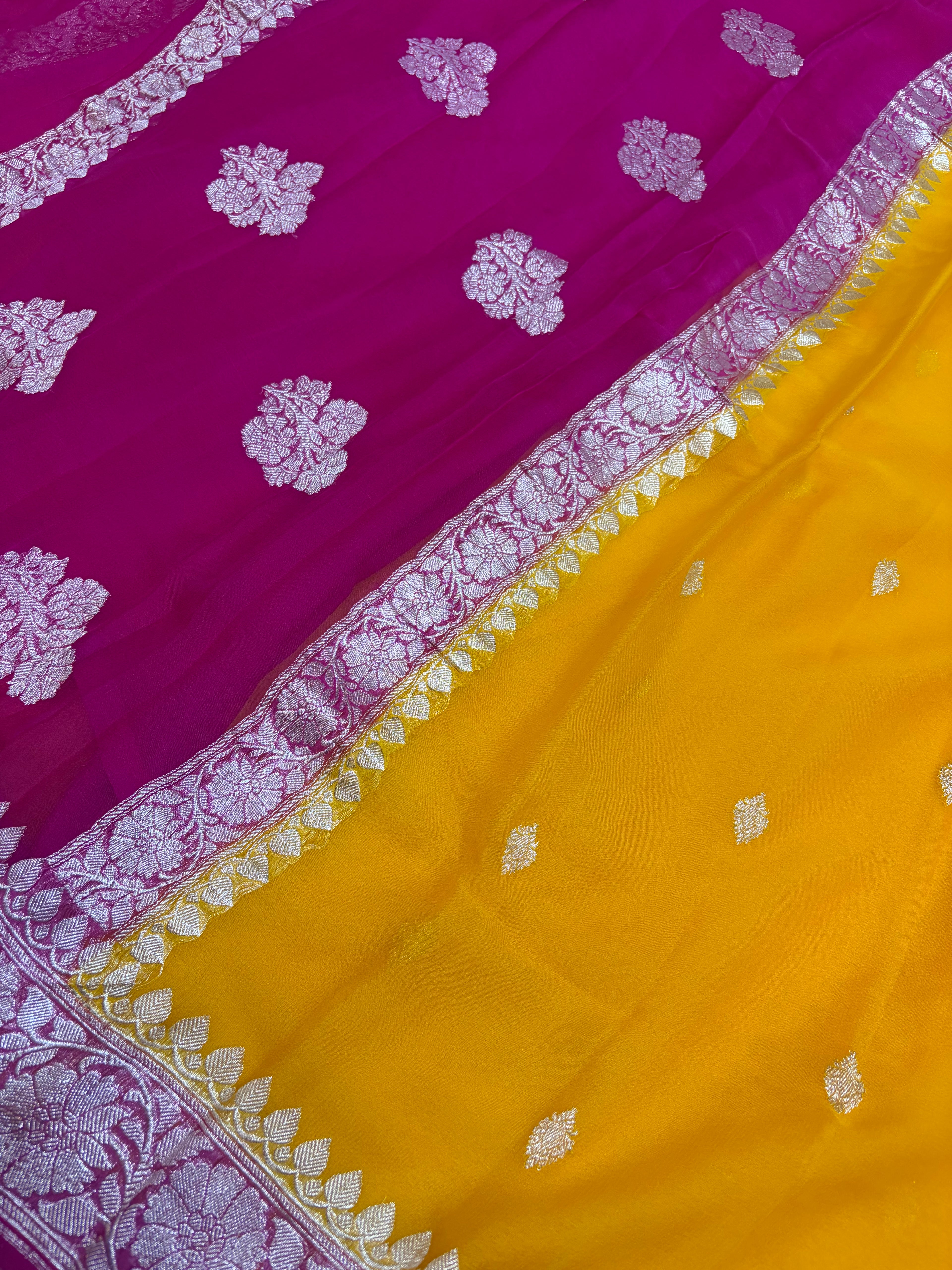 Pure khaddi chiffon saree in mustard with Rani colour