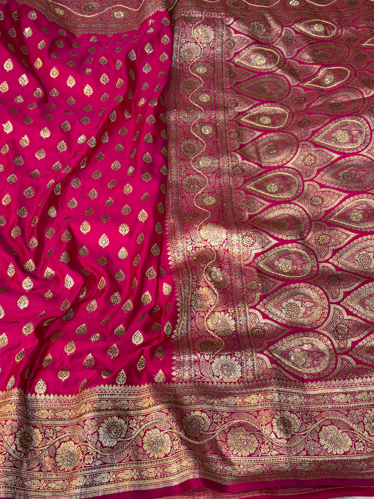 Bridal Banarasi satin Katan silk sarees in Rani pink colour with all over Swarovski work