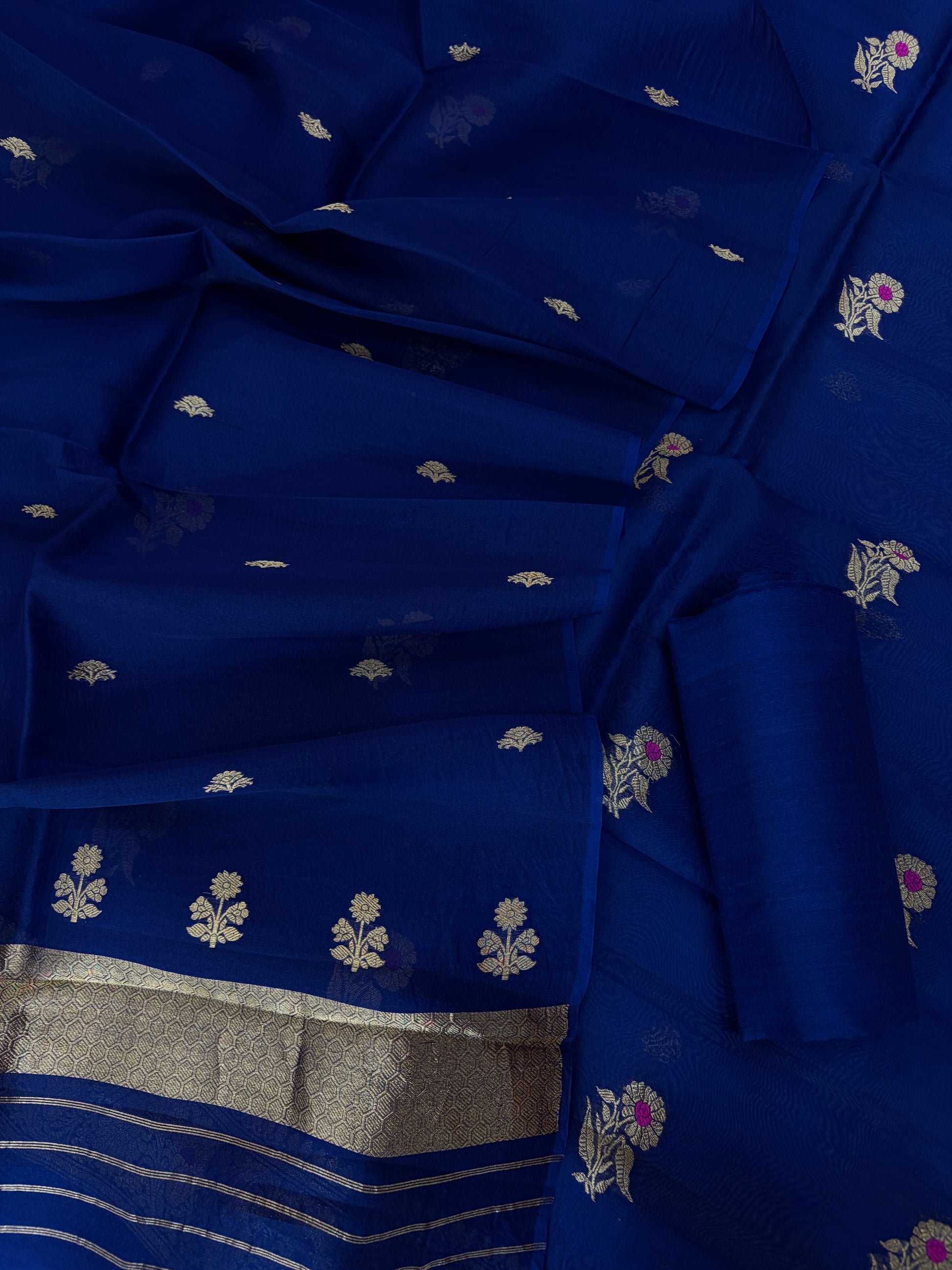 Pure Handloom Kora silk suit set in German blue colour with meenakari work