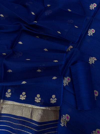Pure Handloom Kora silk suit set in German blue colour with meenakari work