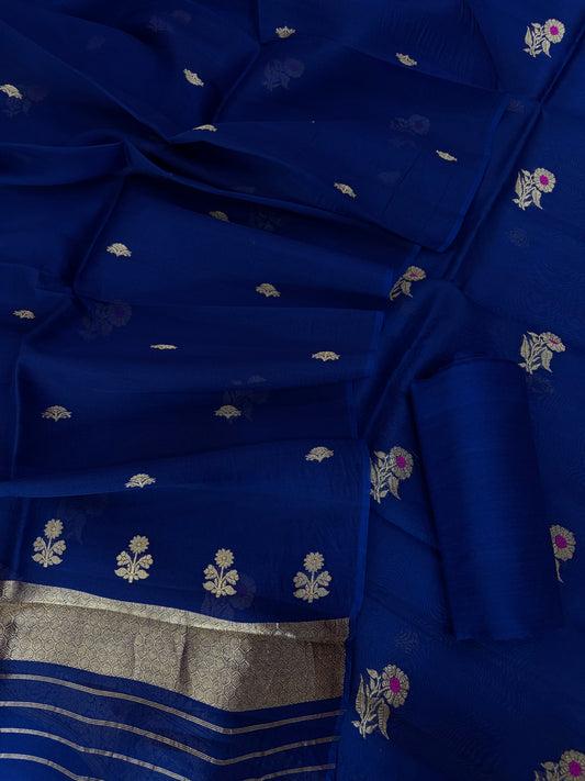 Pure Handloom Kora silk suit set in German blue colour with meenakari work