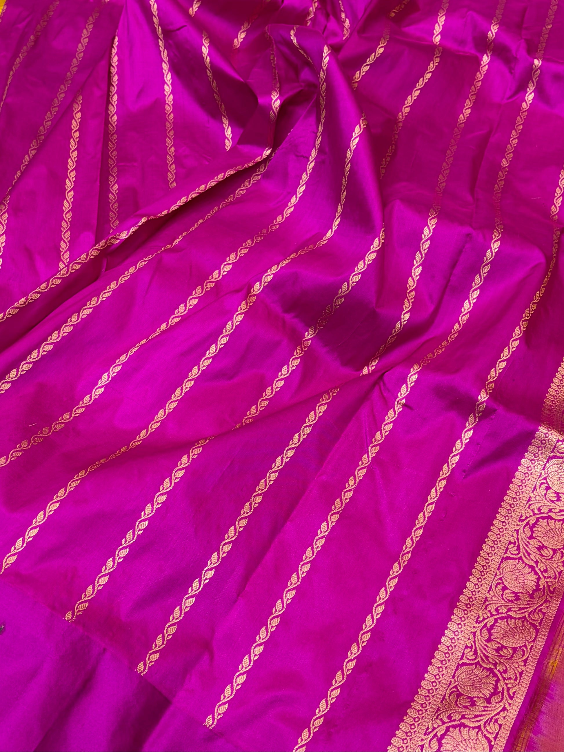 Pure handwoven katan silk saree in mustard with Rani  colour