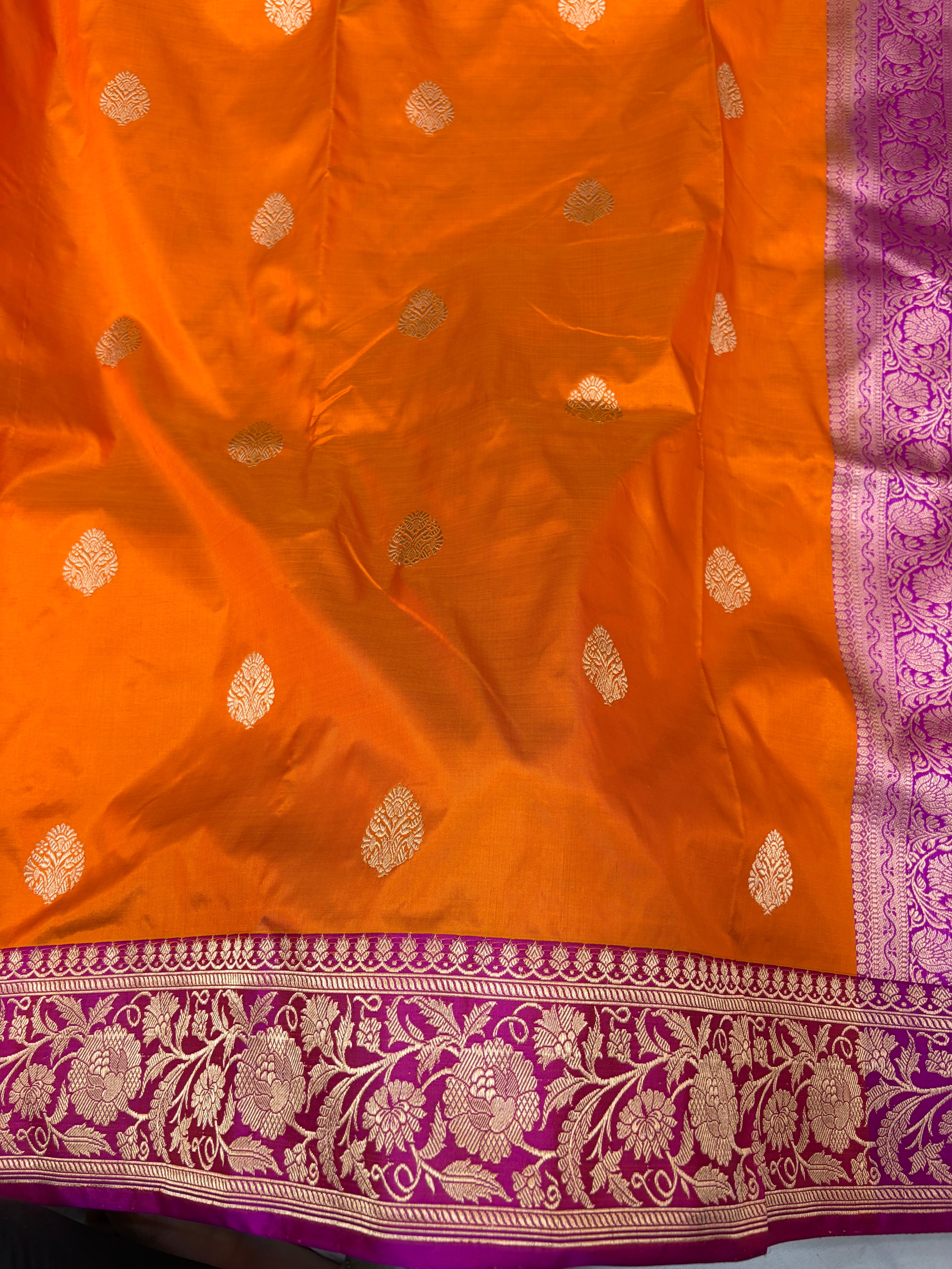Pure handwoven katan silk saree in orange with Rani  colour
