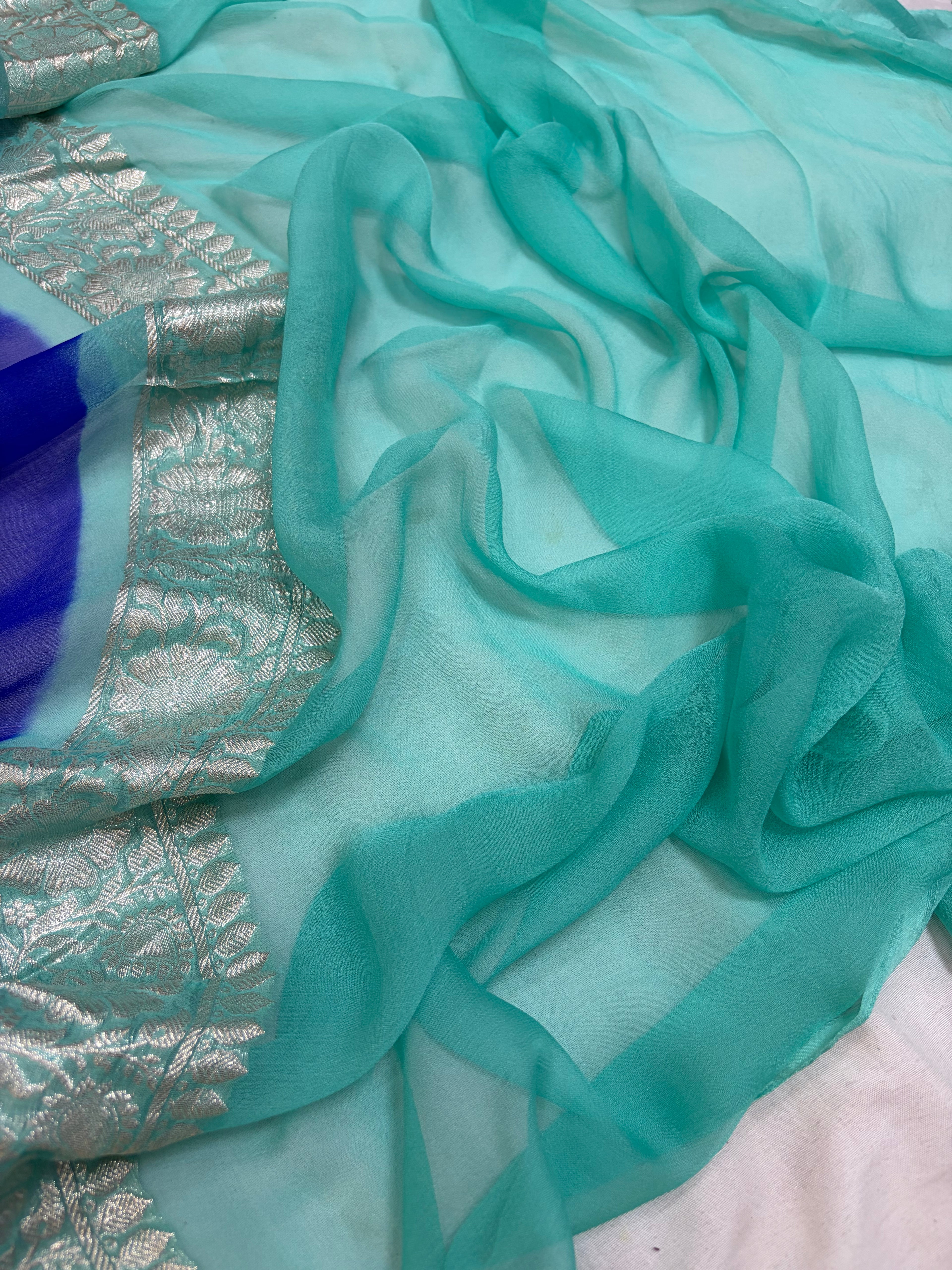 Pure khaddi chiffon saree in Royal blue and sea green colour