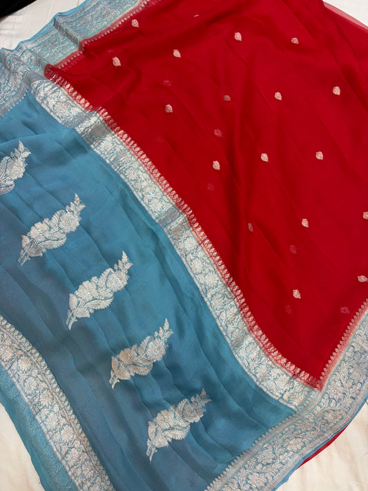 Beautiful Pure khaddi chiffon saree in beautiful contrast colour