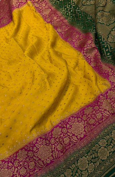 Pure khaddi crepe silk saree with 3D border in yellow Rani & bottle green colour combination