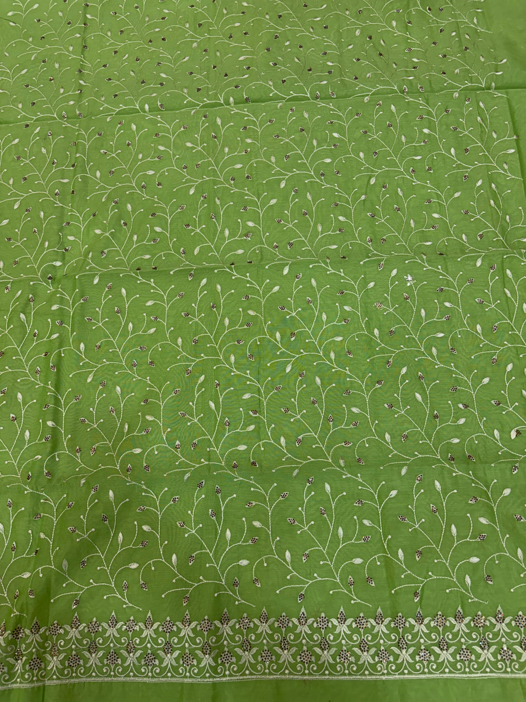 Banarasi pista green soft silk suit with all over embroidery work