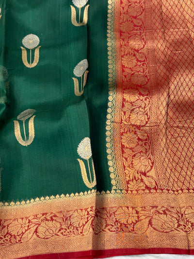 Pure handloom kora silk saree in bottle green with red colour