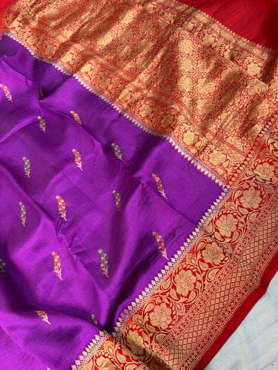 Pure handwoven raw mango saree purple with red colour