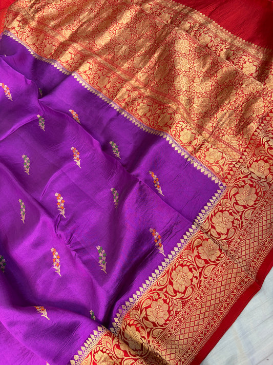 Pure handwoven raw mango saree purple with red colour